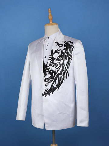 White Beaded Embroidery Satin Men's Suit - Diadem
