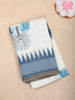 White Blue Elephant Printed Linen Cotton Saree with Contrast Woven Border