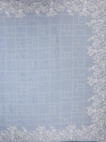 White Checked Design Synthetic Saree With Floral Embroidered Border - Diadem