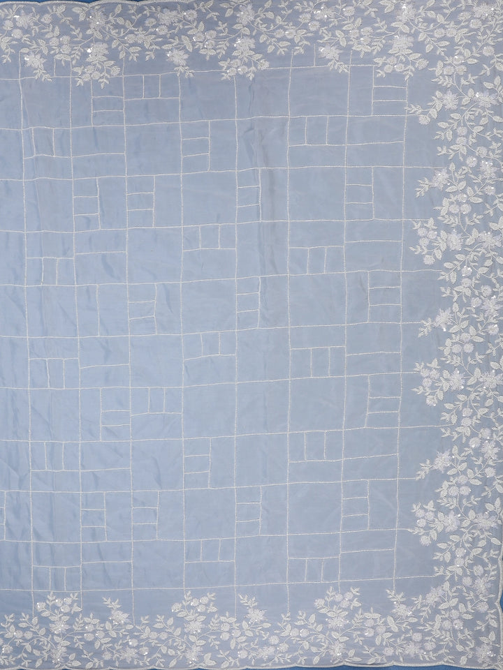 White Checked Design Synthetic Saree With Floral Embroidered Border - Diadem