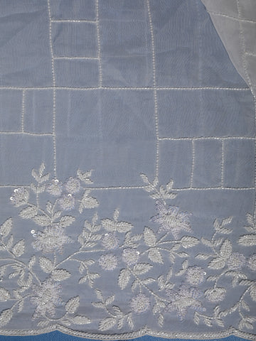 White Checked Design Synthetic Saree With Floral Embroidered Border - Diadem