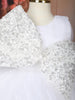 White Flared Sequin Design Net Frock With Oversized Bow