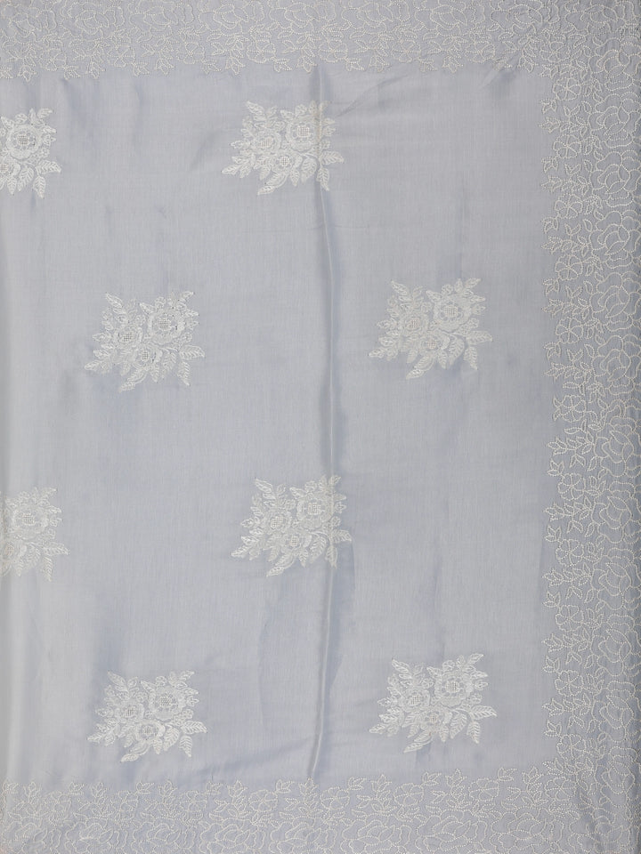 White Floral Design Cotton Saree - Diadem