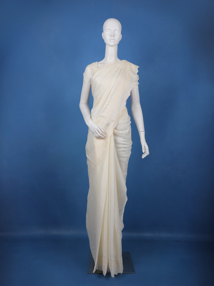 White Floral Design Cotton Saree - Diadem