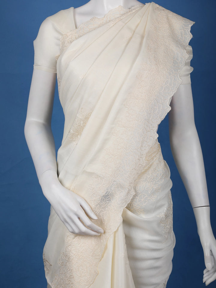 White Floral Design Cotton Saree - Diadem