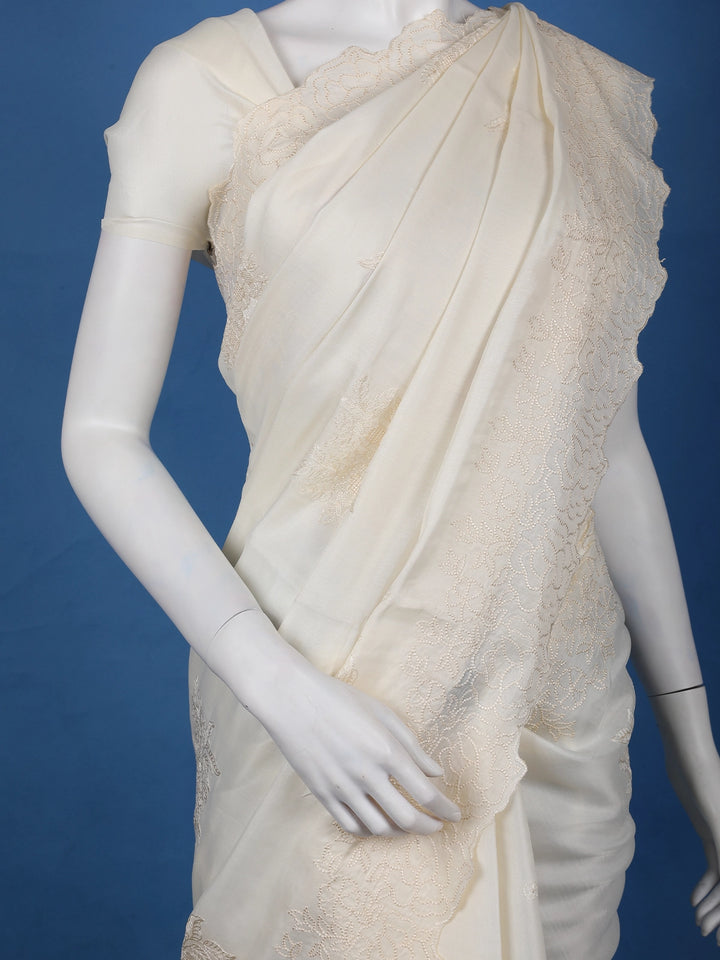 White Floral Design Cotton Saree - Diadem