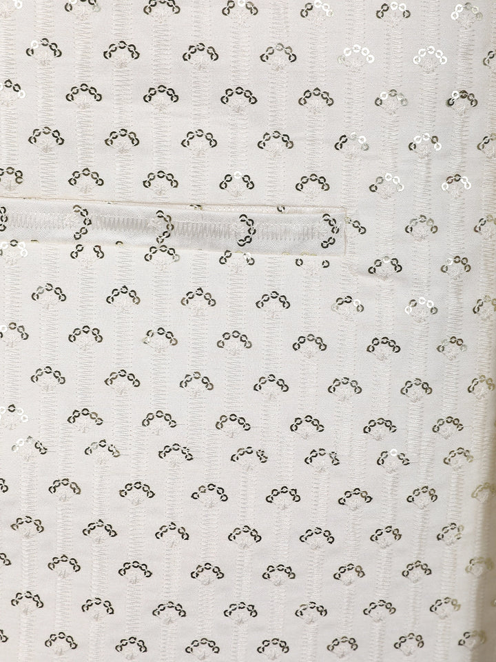 White Floral Embroidered Brocade Kurta Pyjama - Diadem