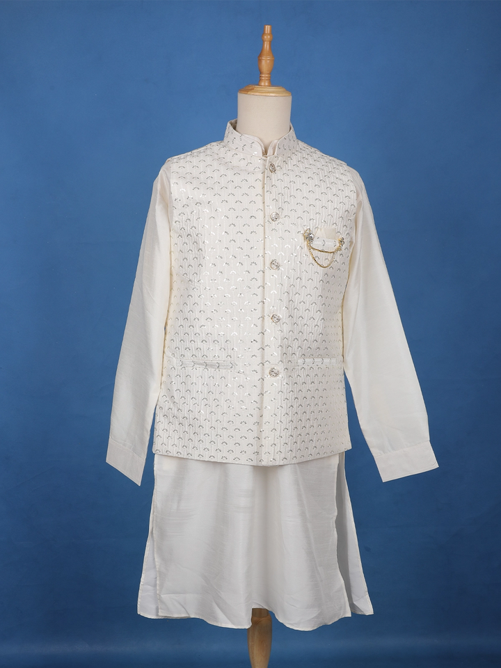White Floral Embroidered Brocade Kurta Pyjama - Diadem