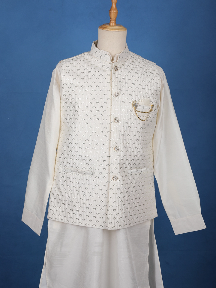 White Floral Embroidered Brocade Kurta Pyjama - Diadem