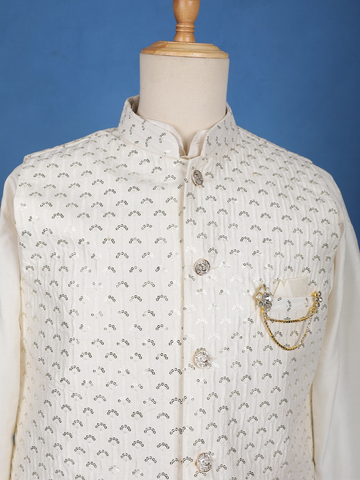 White Floral Embroidered Brocade Kurta Pyjama - Diadem