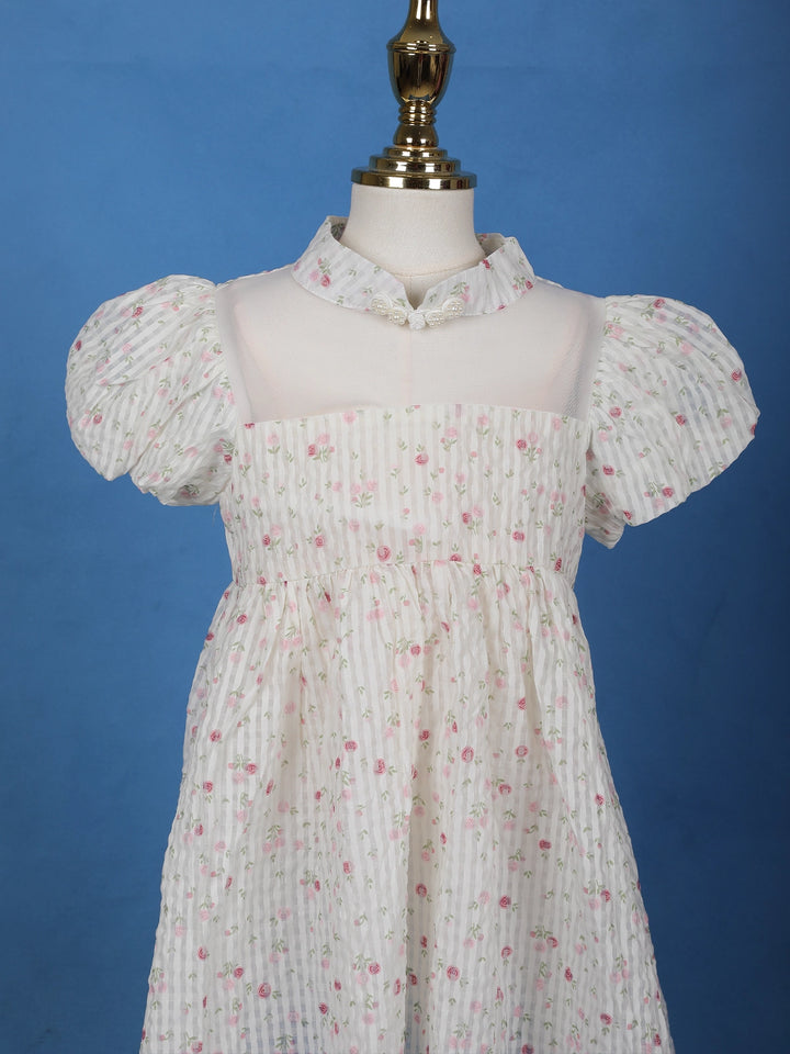 White Floral Embroidered Cotton Frock with Puff Sleeves & Mandarin Collar - Diadem