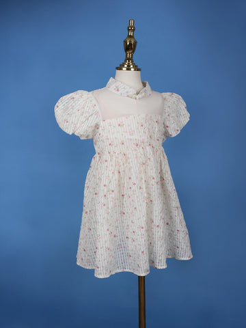 White Floral Embroidered Cotton Frock with Puff Sleeves & Mandarin Collar - Diadem