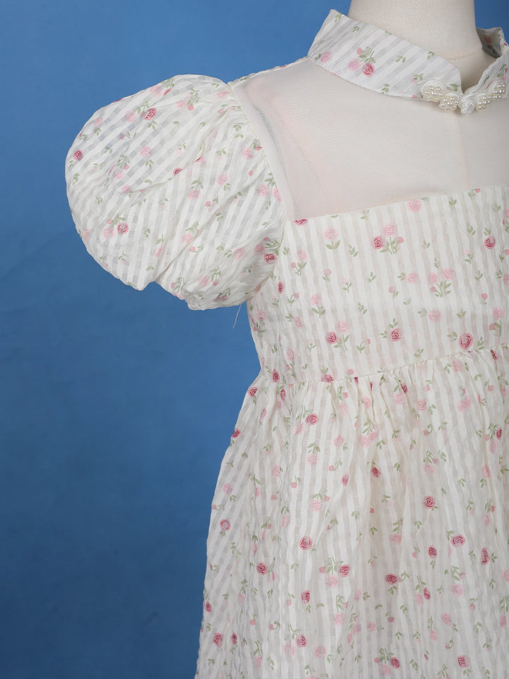 White Floral Embroidered Cotton Frock with Puff Sleeves & Mandarin Collar - Diadem