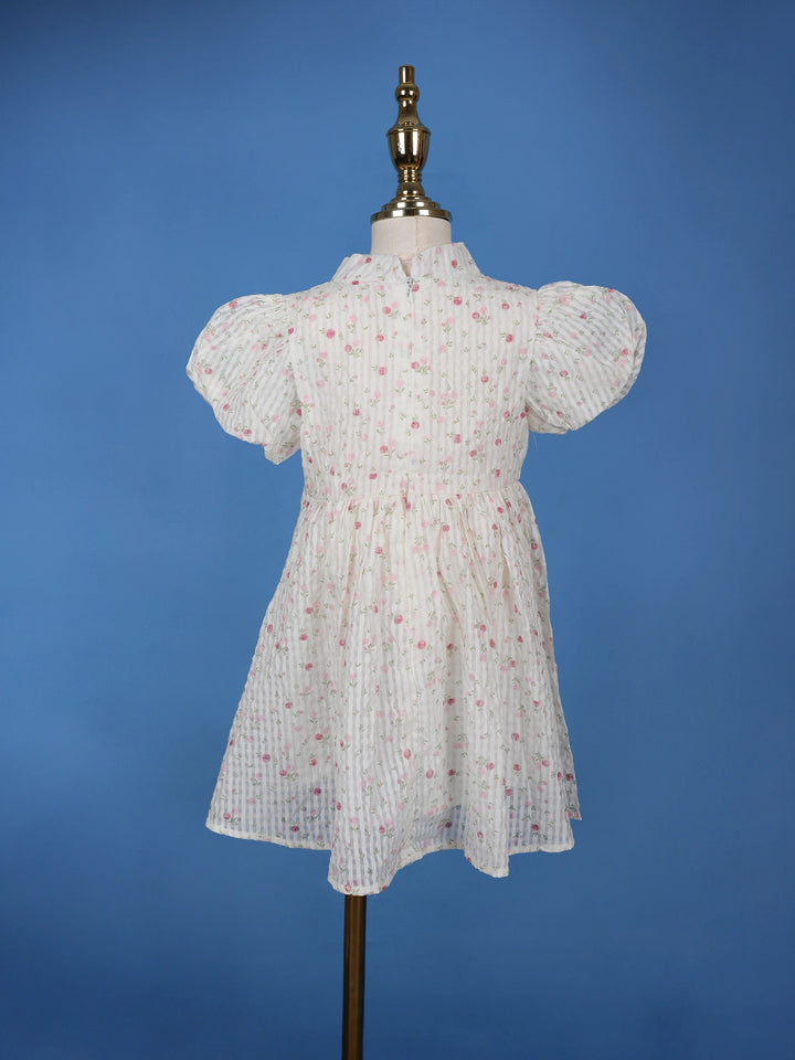 White Floral Embroidered Cotton Frock with Puff Sleeves & Mandarin Collar - Diadem