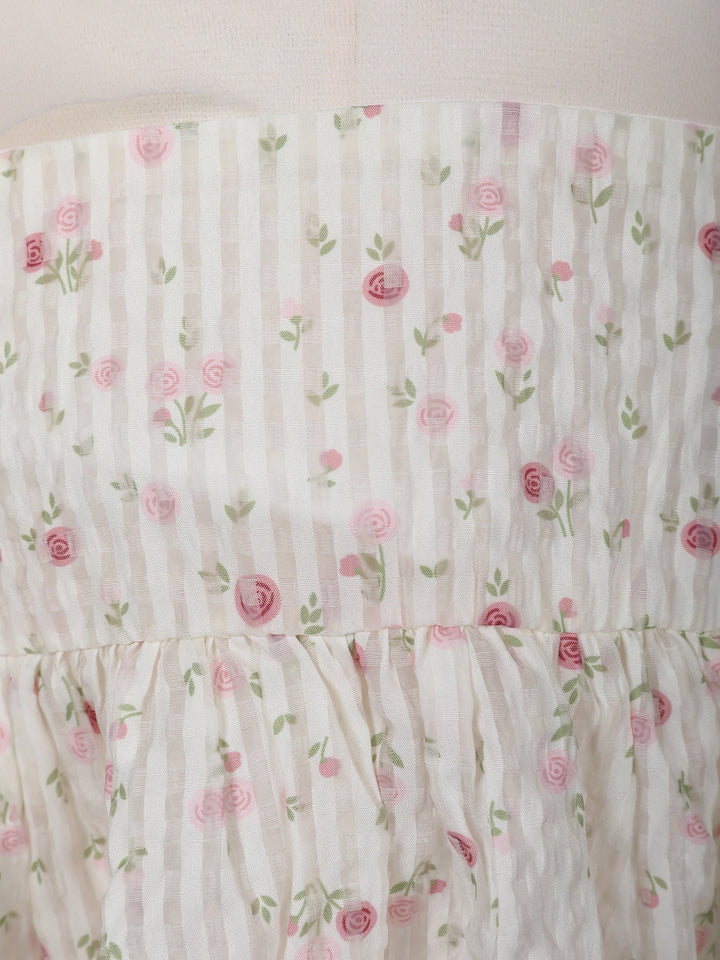 White Floral Embroidered Cotton Frock with Puff Sleeves & Mandarin Collar - Diadem