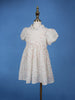 White Floral Embroidered Cotton Frock with Puff Sleeves & Mandarin Collar - Diadem