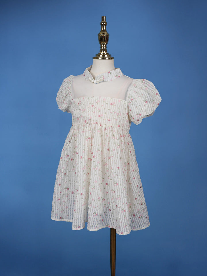 White Floral Embroidered Cotton Frock with Puff Sleeves & Mandarin Collar - Diadem