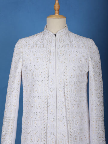 White Floral Embroidered Polyester Sherwani Suit - Diadem