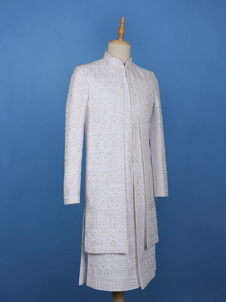 White Floral Embroidered Polyester Sherwani Suit - Diadem