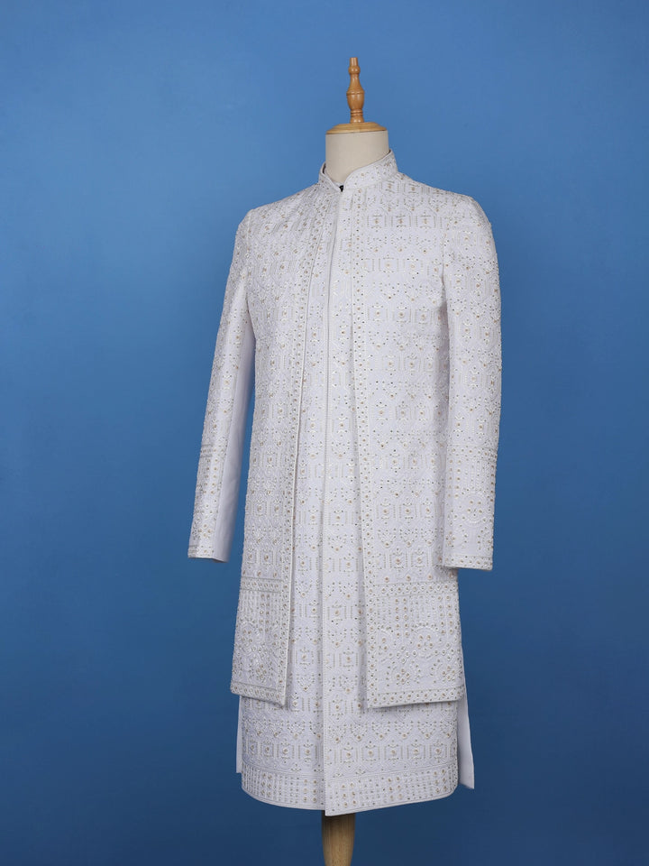 White Floral Embroidered Polyester Sherwani Suit - Diadem