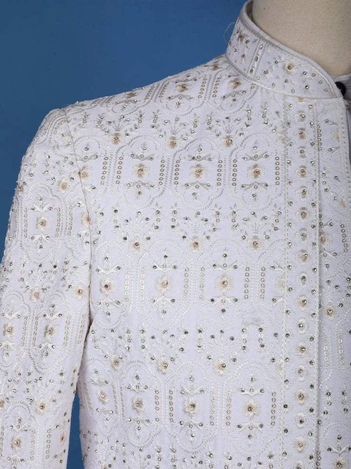White Floral Embroidered Polyester Sherwani Suit - Diadem