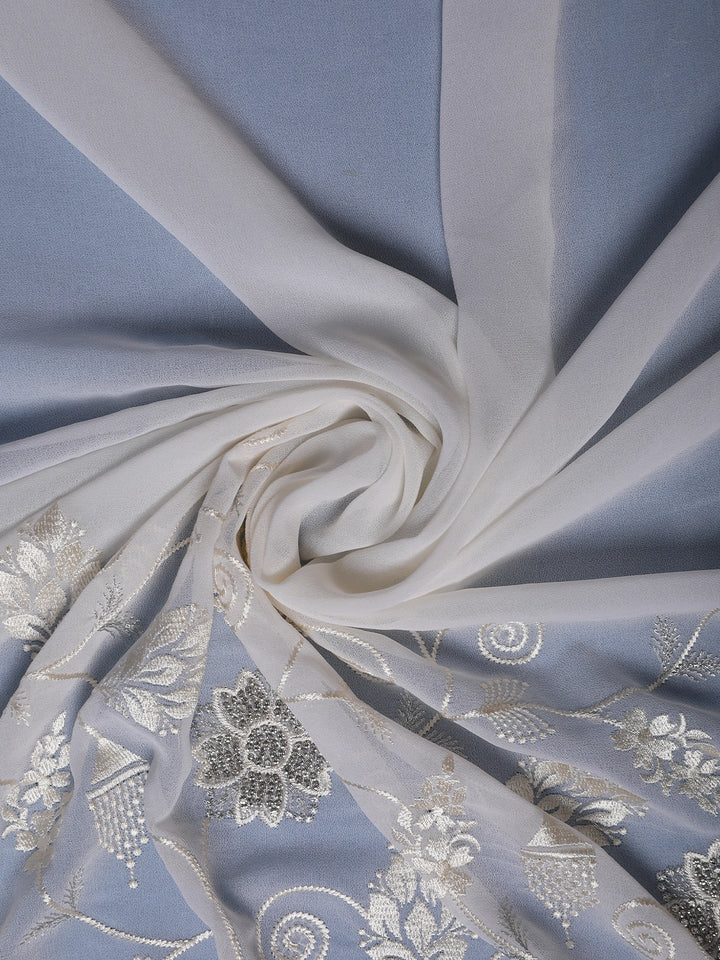 Off-White Floral Embroidered Synthetic Saree With Scallop Border - Diadem