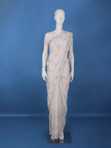 Off-White Floral Embroidered Synthetic Saree With Scallop Border - Diadem