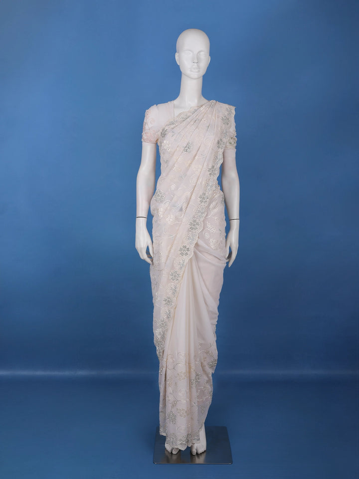 Off-White Floral Embroidered Synthetic Saree With Scallop Border - Diadem