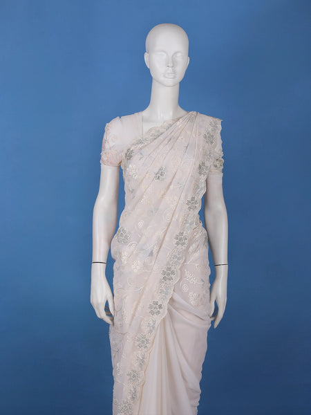 Off-White Floral Embroidered Synthetic Saree With Scallop Border - Diadem