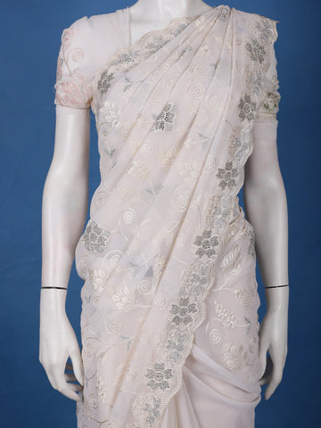 Off-White Floral Embroidered Synthetic Saree With Scallop Border - Diadem
