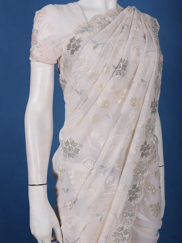 Off-White Floral Embroidered Synthetic Saree With Scallop Border - Diadem