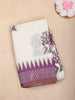 White Ikat Printed Design Linen Cotton Saree with Contrast Purple Border