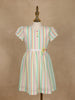 White Multicolor Striped Printed Cotton Frock With Waist Flower