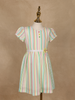 White Multicolor Striped Printed Cotton Frock With Waist Flower