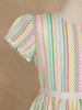 White Multicolor Striped Printed Cotton Frock With Waist Flower
