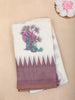 White Peacock Printed Linen Cotton Saree with Contrast Mauve Border