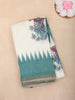 White Peacock Printed Linen Cotton Saree with Contrast Teal Border