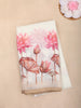 White Pink Lotus Printed Linen Cotton Saree with Subtle Beige Border