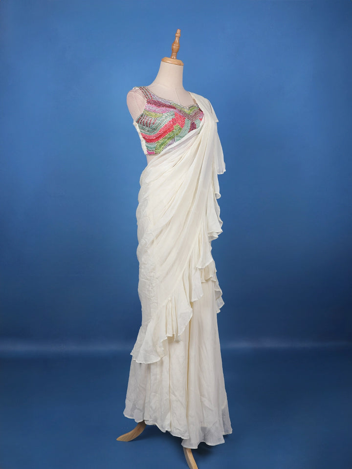White Solid Design Ruffle Drape Cotton Ready To Wear Saree - Diadem