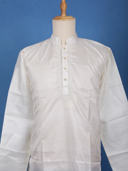 White Solid Silk Kurta For Men - Diadem