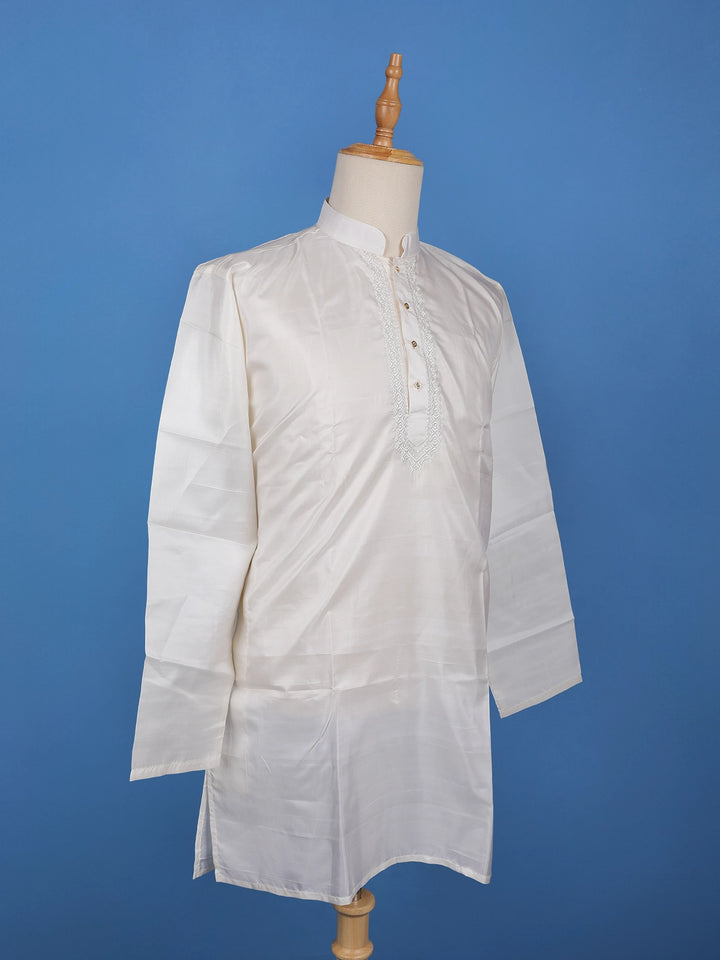 White Solid Silk Kurta For Men - Diadem