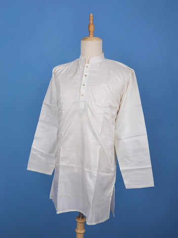 White Solid Silk Kurta For Men - Diadem