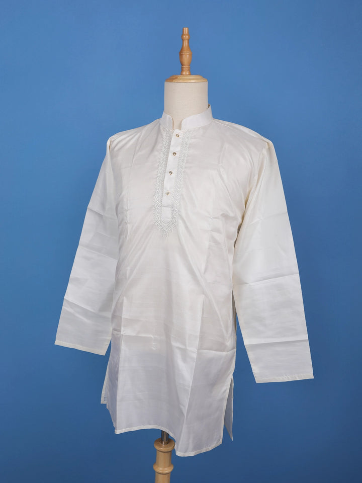 White Solid Silk Kurta For Men - Diadem