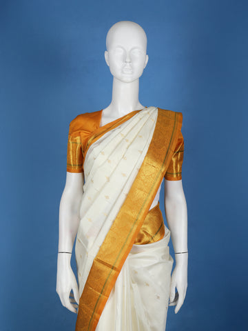 White Woven Mustard Gold Zari Border Kanchipuram Silk Saree - Diadem