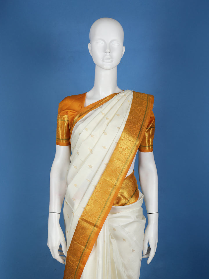 White Woven Mustard Gold Zari Border Kanchipuram Silk Saree - Diadem