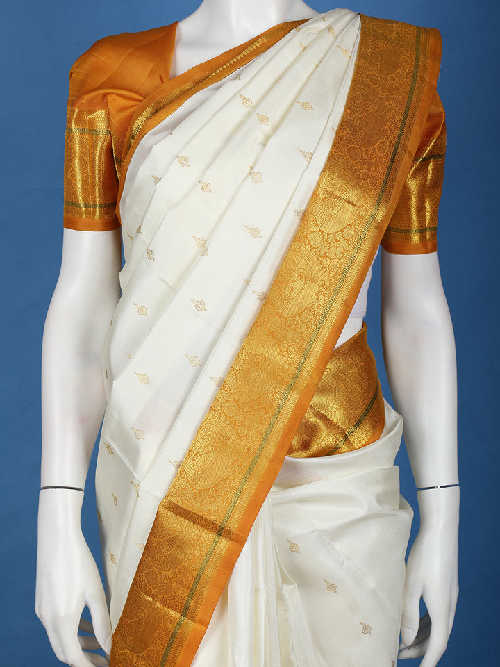 White Woven Mustard Gold Zari Border Kanchipuram Silk Saree - Diadem
