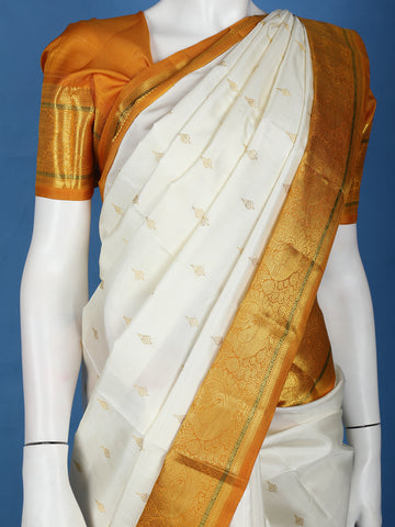 White Woven Mustard Gold Zari Border Kanchipuram Silk Saree - Diadem