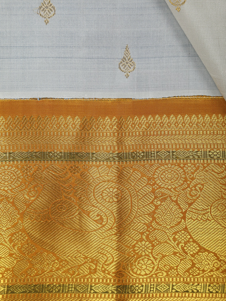 White Woven Mustard Gold Zari Border Kanchipuram Silk Saree - Diadem