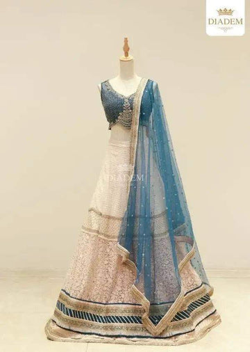 White Blue Sequins Thread Embroidered Bridal Lehenga - Diadem