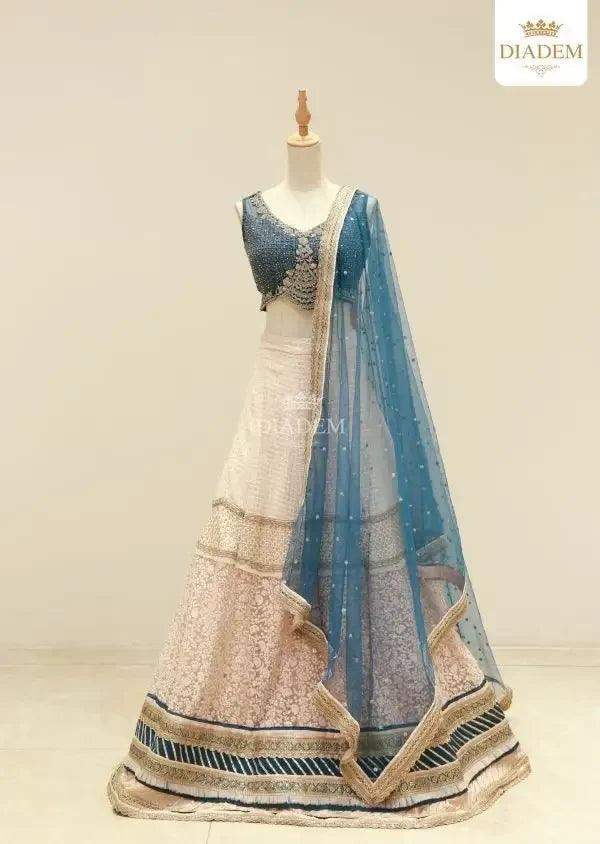 White Blue Sequins Thread Embroidered Bridal Lehenga - Diadem